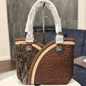 Montana West Tooled & Cowhide Whipstitch Tote Bag Coffee